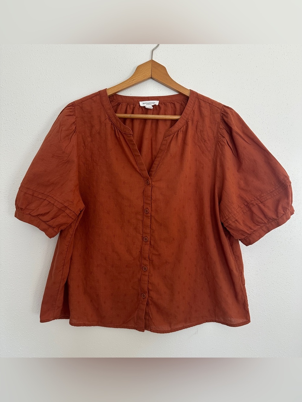 BeachLunchLounge Rust Burnt Orange Puff Sleeve Button Front Blouse V-Neck Large